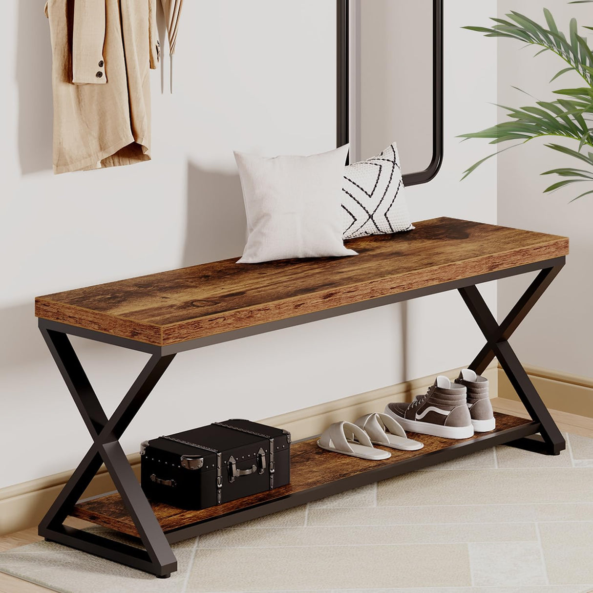 IBF Farmhouse Wood Bench, Industrial Storage Entryway Indoor Bench for Bedroom Hallway Living Room, Rustic Wooden Metal Shoe Rack Accent Foyer Bench Seat for Entrance Sitting, Rustic Brown, 47 in Long IBF