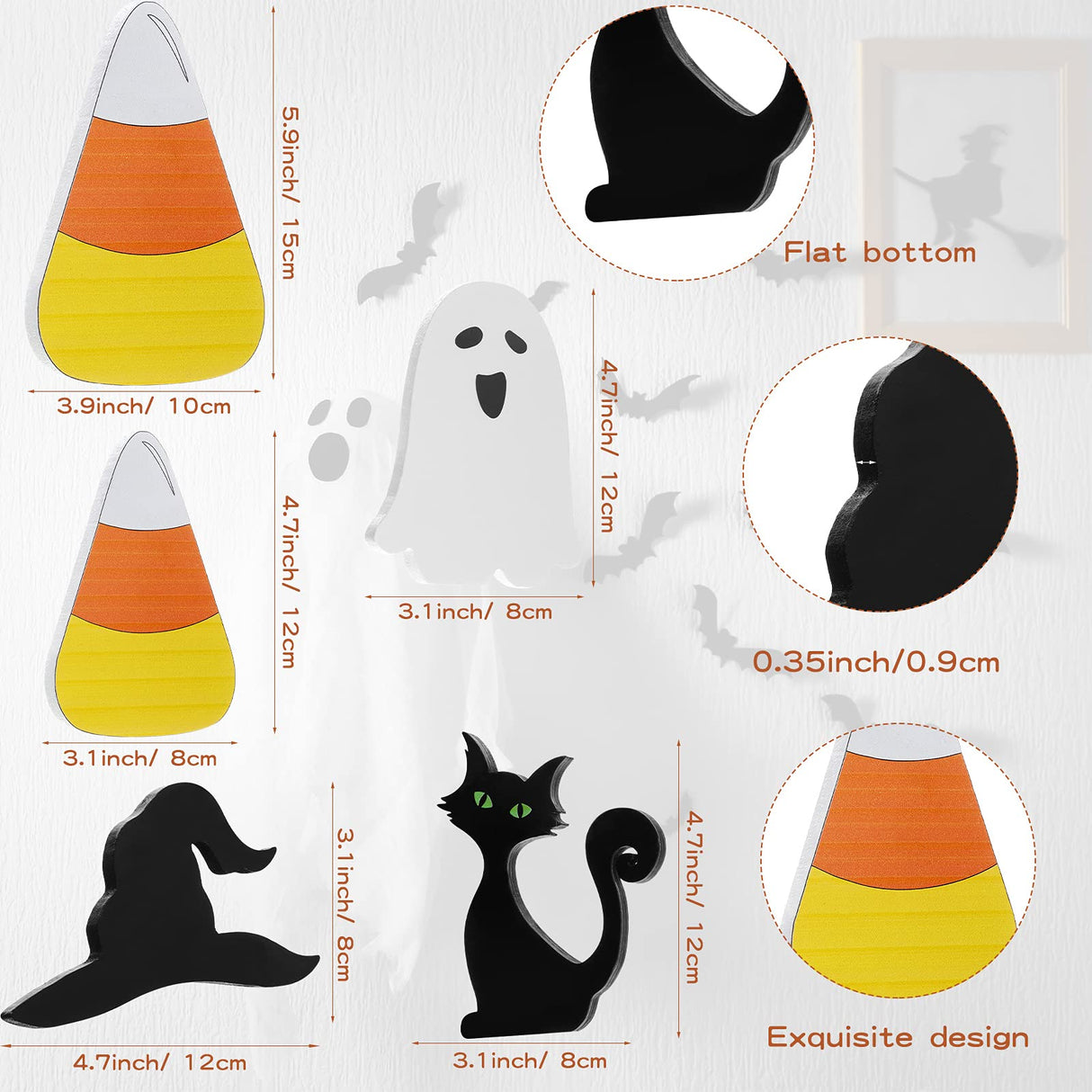 Yalikop 5 Pcs Halloween Table Centerpieces Ghost Black Cat Witch Hat Candy Corn Wooden Tiered Tray Sign Standing Tabletop Signs for Halloween Home Rustic Farmhouse Decor Yalikop