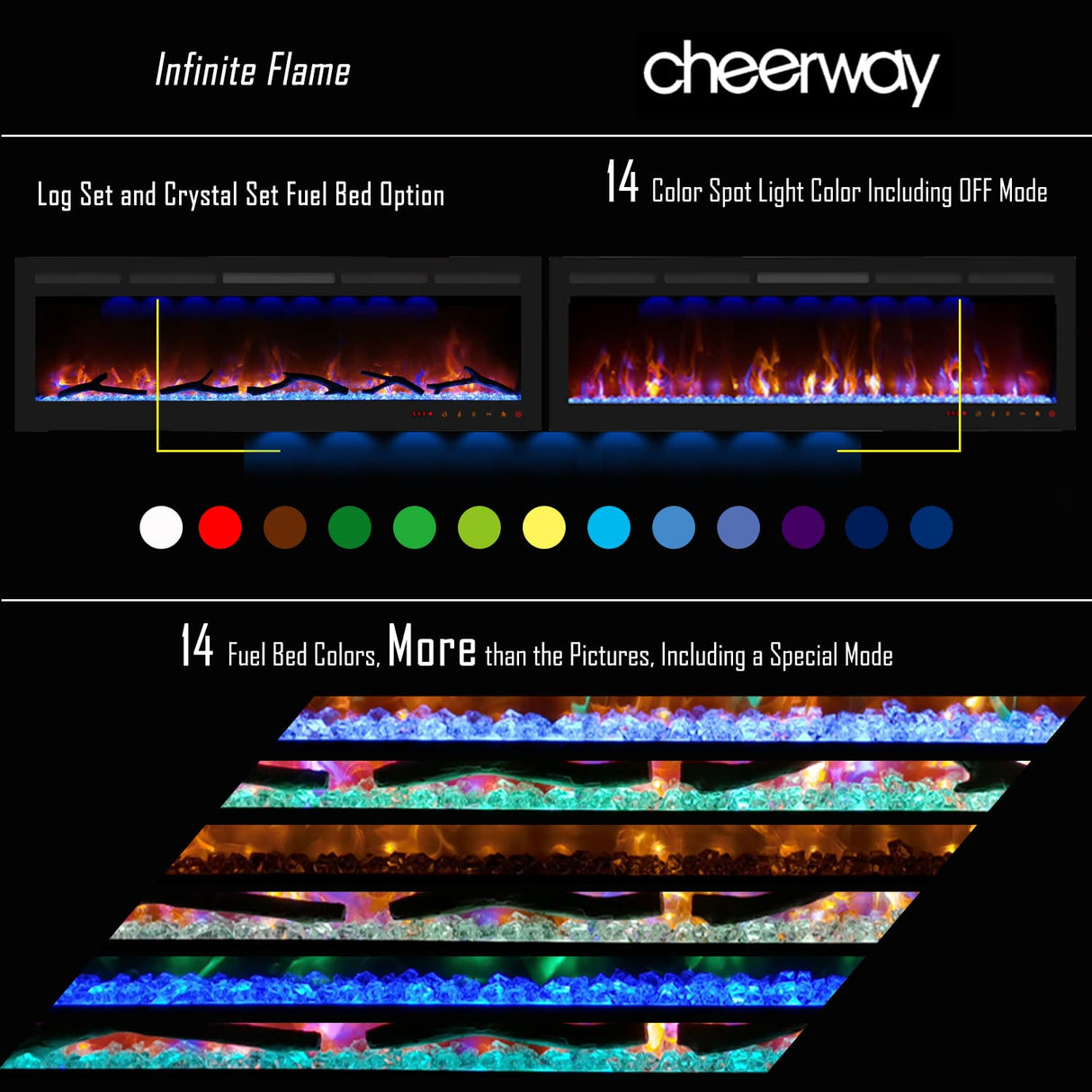Cheerway 72 Inch Electric Fireplace, Recessed Fireplace Insert and Wall Mount Fireplace Heater with Remote & Touch Control, Adjustable Flame Color & Brightness, Log Set & Crystals, Child Lock & Timer Cheerway