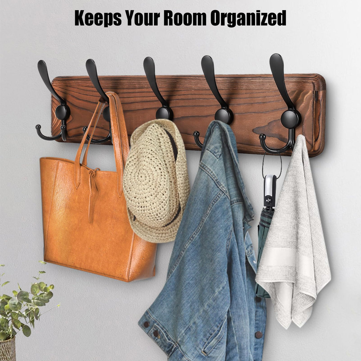 Gohiuo Rustic Wall Mount Coat Rack, Coat Hooks Wall Mount Wood Coat Rack with 5 Triple Hooks, Heavy Duty Wooden Wall Mounted Coat Hanger for Entryway, Farmhouse Hanging Coats, Hats, Bags,Towels Gohiuo