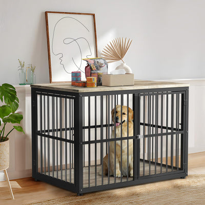 Lyromix 43'' Dog Crate Furniture with 3 Doors, XL Wooden Crate End Table, Heavy Duty Indoor Puppy Cage Kennel for Medium to Large Dogs, Multiple Units Can be Combined