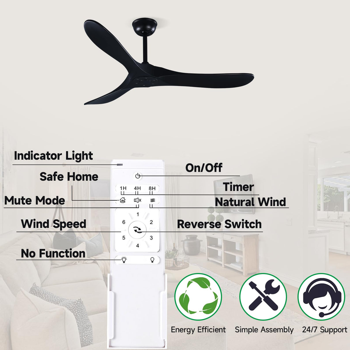 Fanawi 52" Wood Ceiling Fan with Remote Control, 3 blade Ceiling Fan without Lights for Indoor/Outdoor - Modern Design, Powerful Airflow, Silent Operation Fanawi