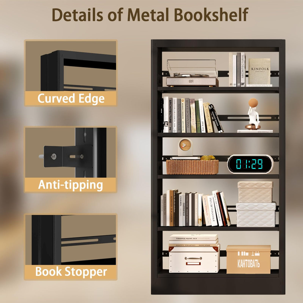 71"H Metal Bookshelf, 5 Tier Bookcase with Adjustable Shelves, Tall Bookcase,Heavy Duty Storage Bookshelves for Library, Office, Bedroom, Living Room, Classroom, Including Book Stopper (Black) Guomao