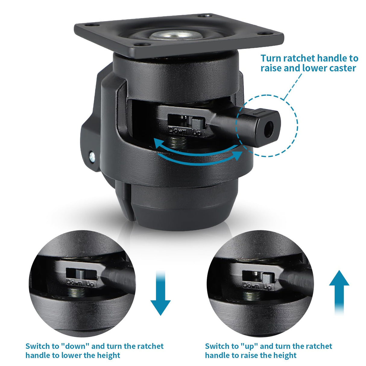 Skelang 4 Pcs Leveling Machine Caster, Retractable Plate Caster with Ratchet Handle, Adjustable Caster Wheel for Heavy Duty Workbench, Machine Skelang