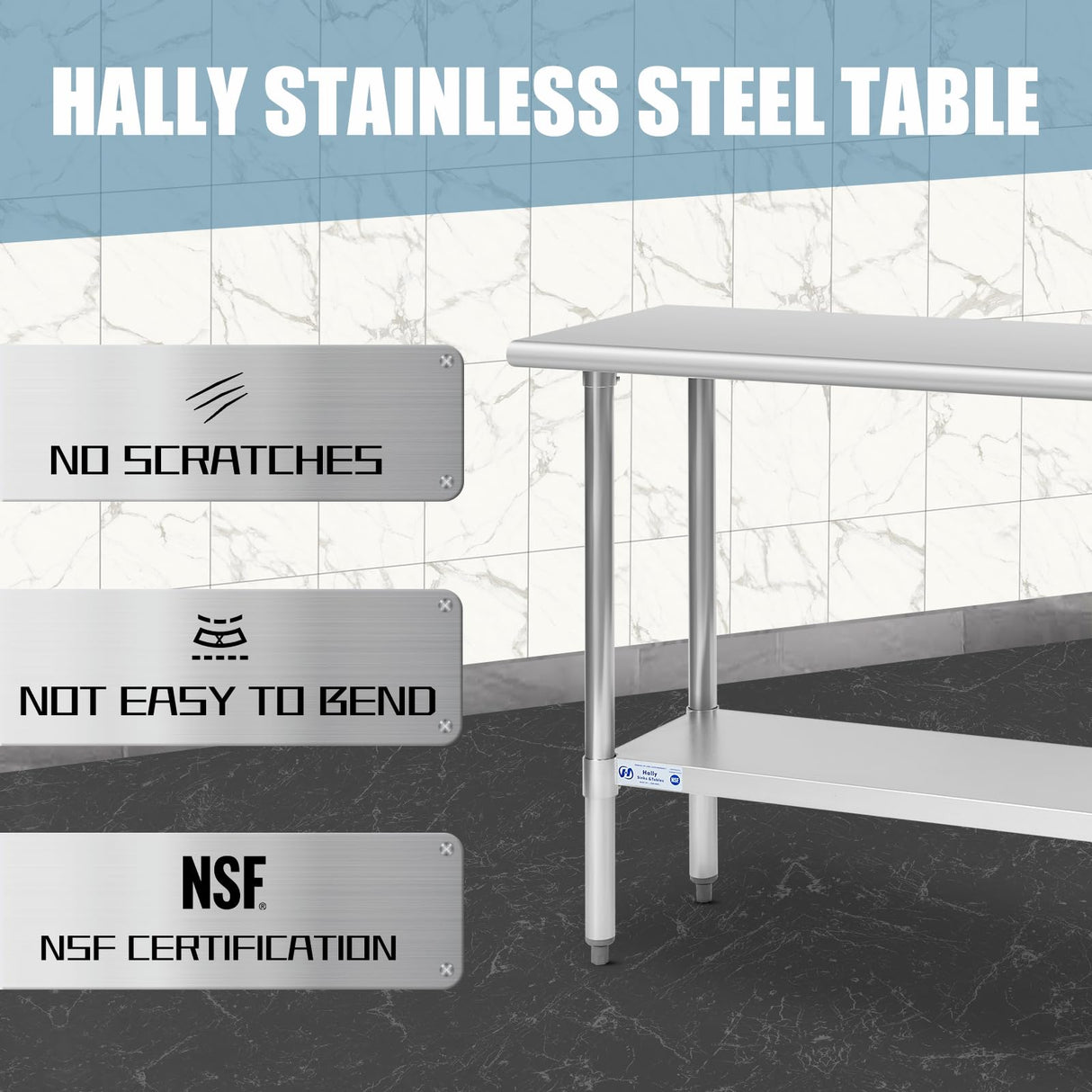 Hally Stainless Steel Table for Prep & Work 18 x 48 Inches, NSF Commercial Heavy Duty Table with Undershelf and Galvanized Legs for Restaurant, Home and Hotel HALLY SINKS & TABLES H