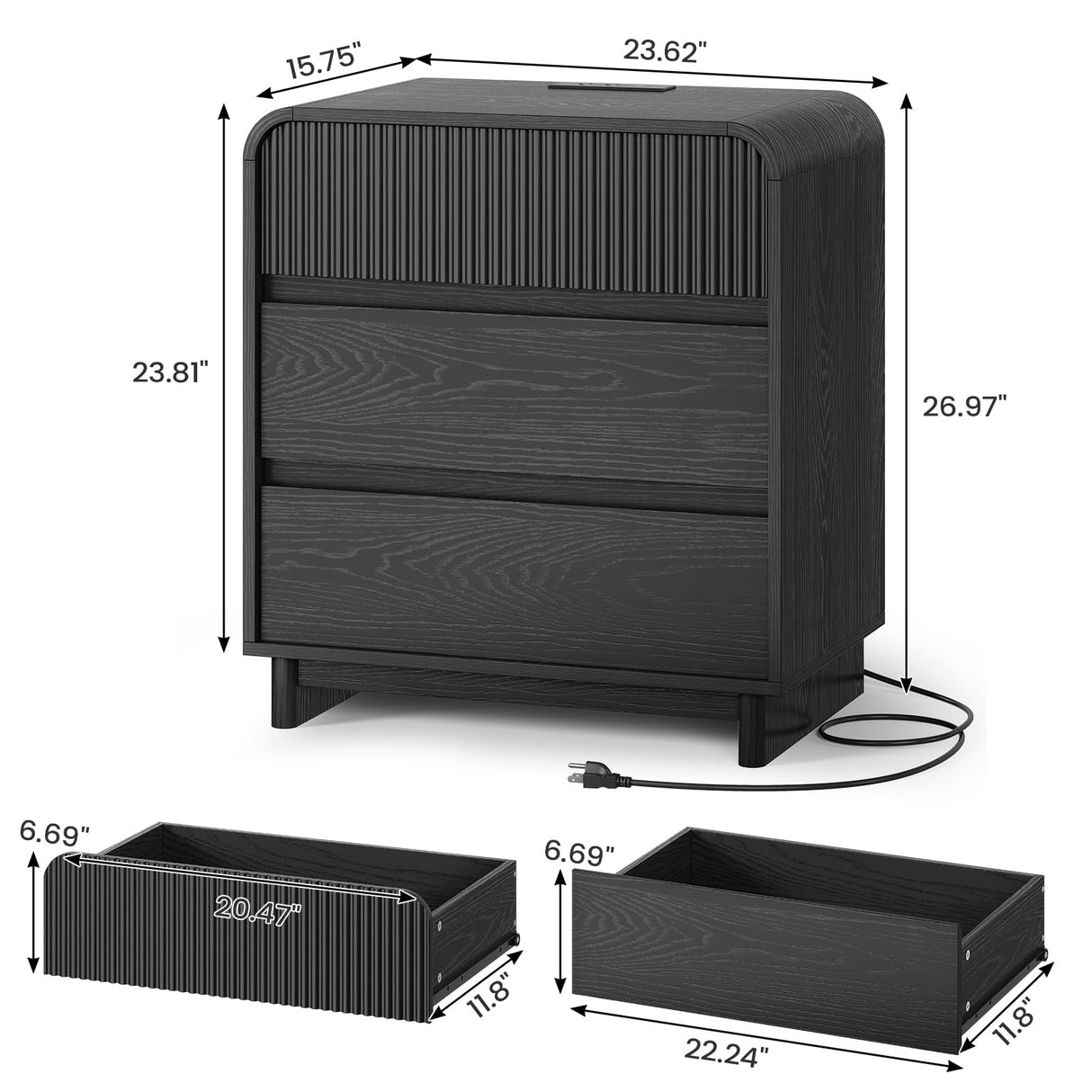 Fluted Nightstands Set of 2 with Charging Station, Black Night Stand with 3 Drawers Dresser, Bedside Table Curved Anti-Collision Design, Modern End Table for Bedroom AOGLLATI