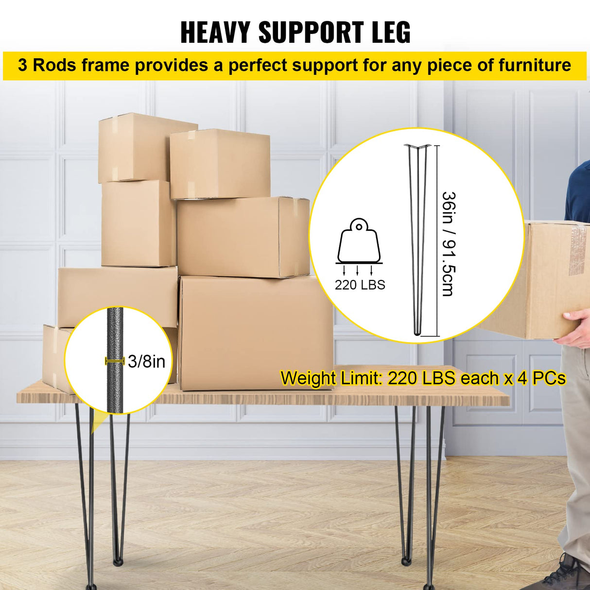 Happybuy Hairpin Table Legs 36" Black Set of 4 Desk Legs 880lbs Load Capacity (Each 220lbs) Hairpin Desk Legs 3 Rods for Bench Desk Dining End Table Chairs Carbon Steel DIY Heavy Duty Furniture Legs Happybuy