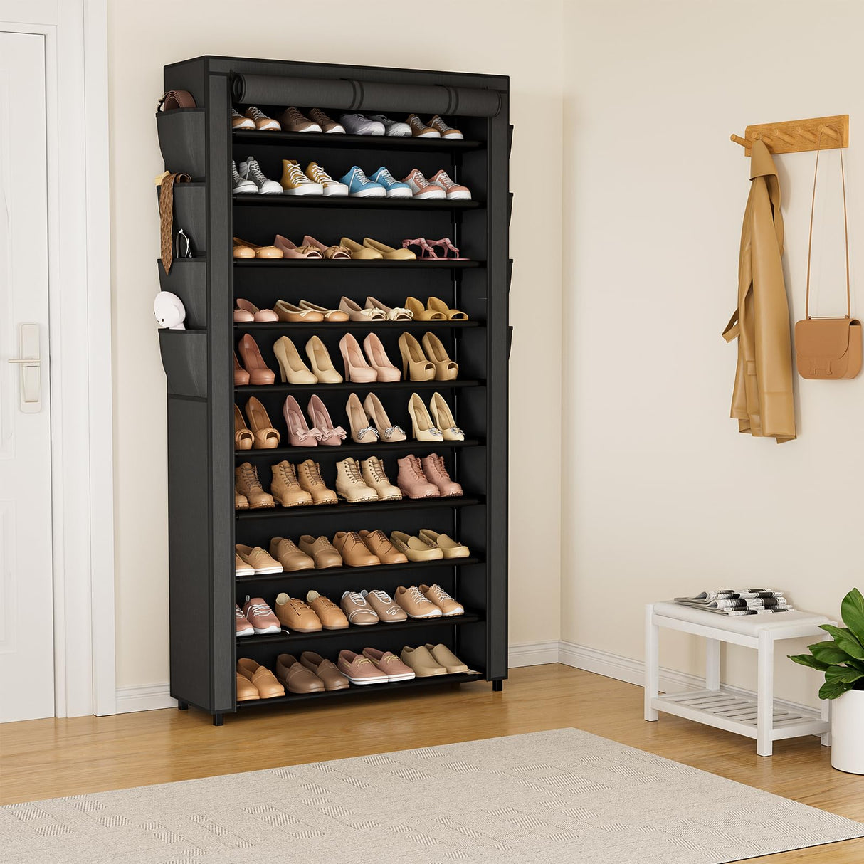 VTRIN Tall Shoe Rack with Cover, 10 Tier Shoe Organizer Storage for 50-55 Pairs Shoes and Boots Large Capacity Shoe Shelf with 8 Pockets Free Standing Shoe Rack for Closet, Entryway, Garage VTRIN