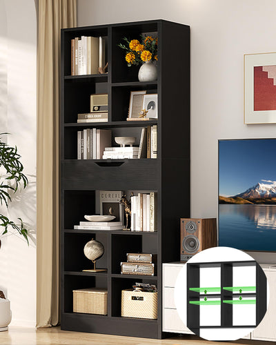 Armocity 8-Tier Book Shelf with Drawer, 73.6" Tall Bookcase and Bookshelf Modern Freestanding Open Display Shelves for Living Room Home Office, Bedroom, Black