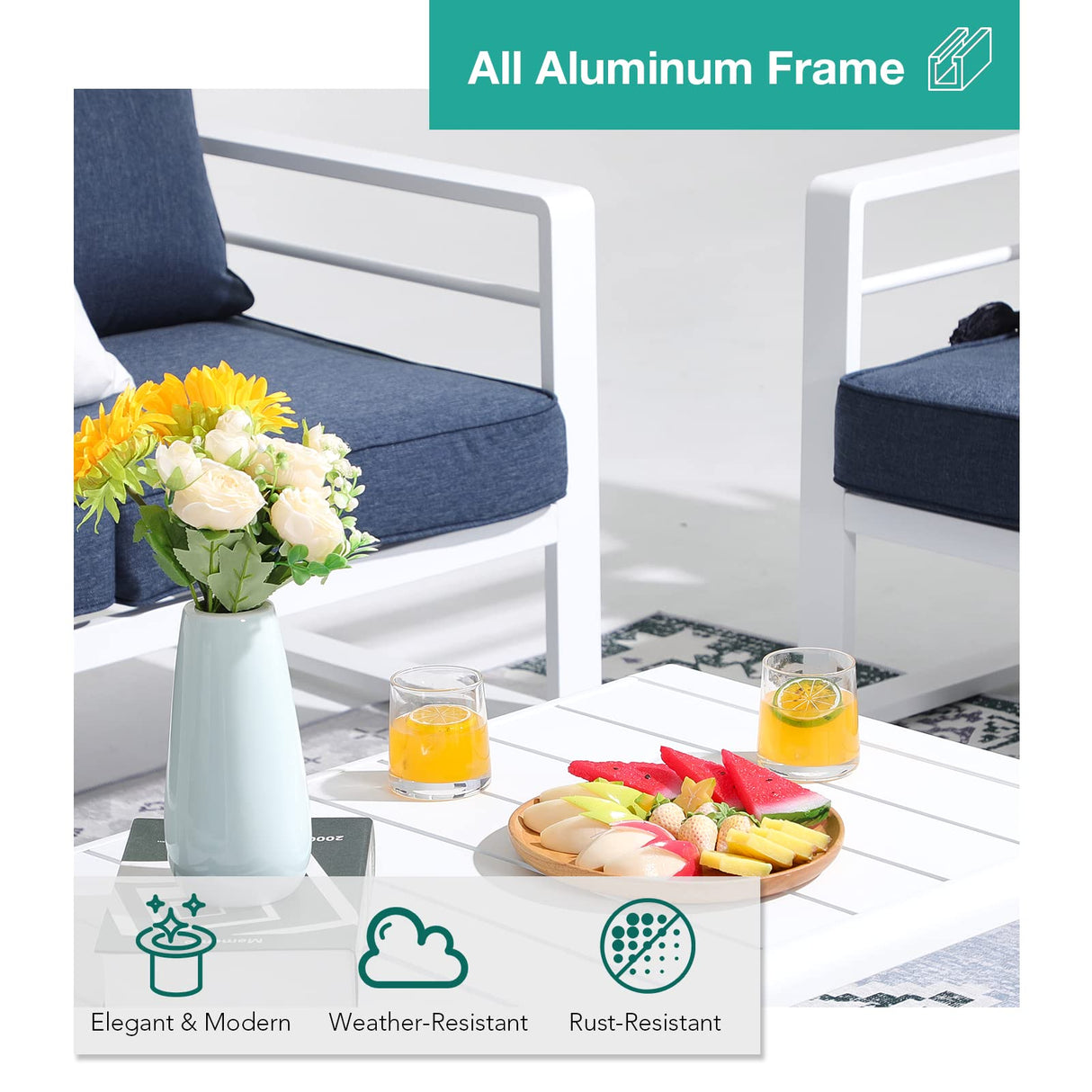 Patiorama Aluminum Patio Furniture Set, 4 PCS Modern Patio Conversation Set, All Weather White Outdoor Sectional Sofa Set w/Table, 3-Seater Sofa, Superior Olefin Cushion, Garden-Blue Cushion Patiorama