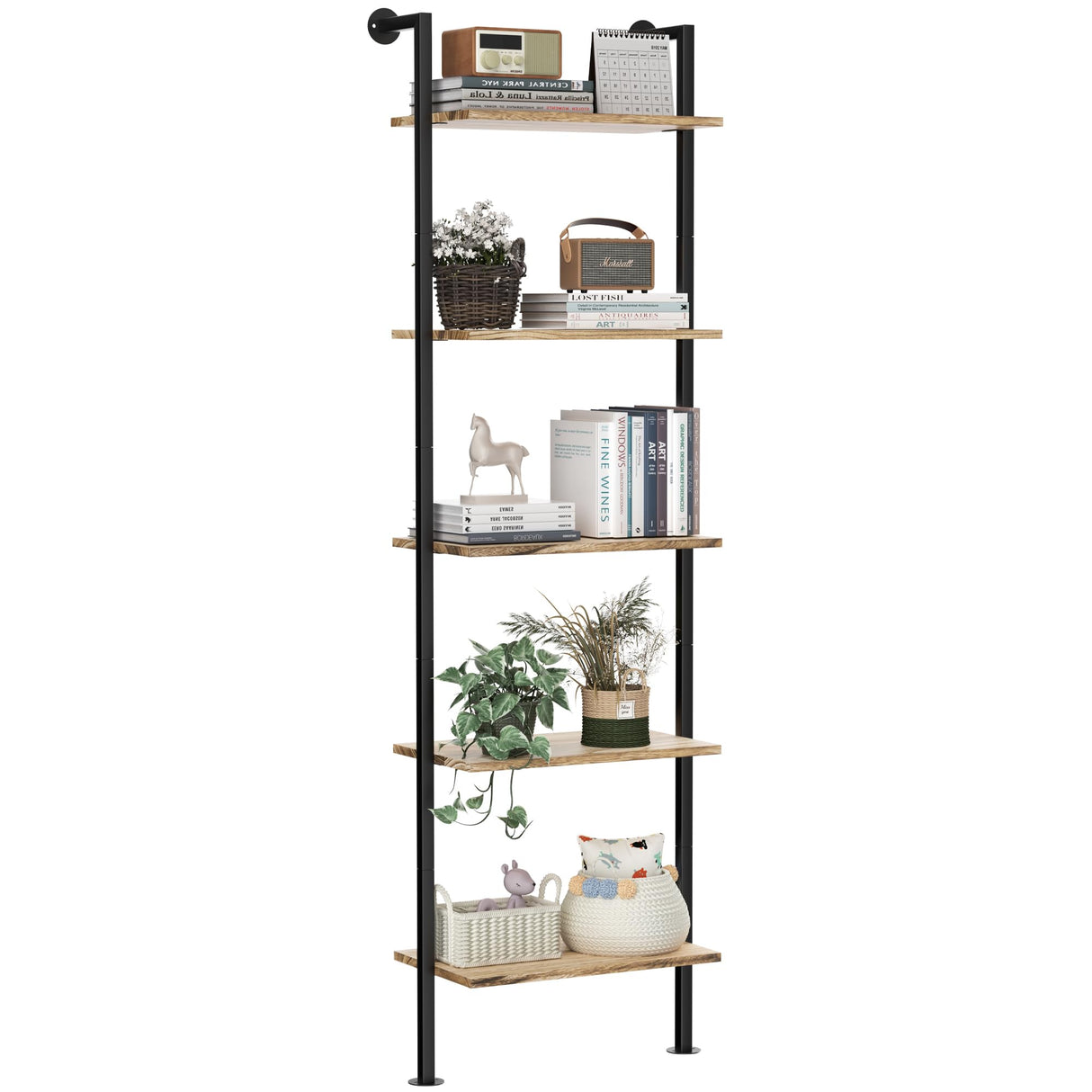 5-Tier Bookshelf Solid Wood Ladder Shelf, Narrow Book shelf Display Shelf, Wooden Ladder Shelf Bookcase, Wall Mount Ladder Shelf, Storage Rack for Living Room, Bedroom, Industrial Style, Rustic Brown Acovy