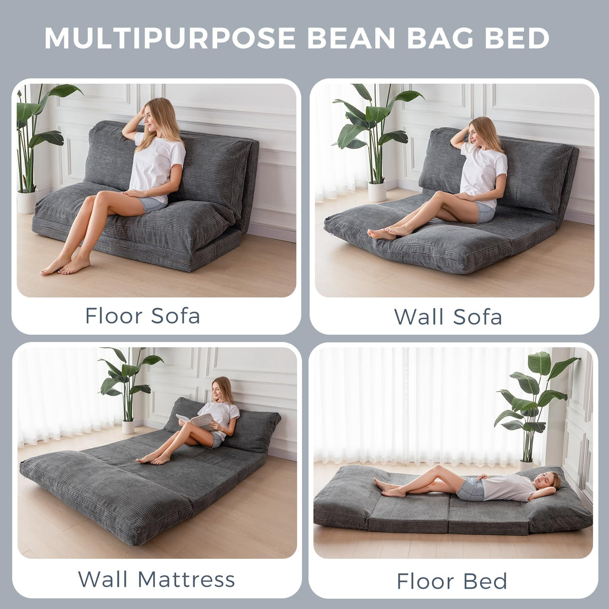 MAXYOYO Bean Bag Bed Folding Sofa Bed Floor Mattress for Adults, Extra Thick and Long Floor Sofa with Corded Washable Cover, Dark Grey, 30x95 Inch MAXYOYO