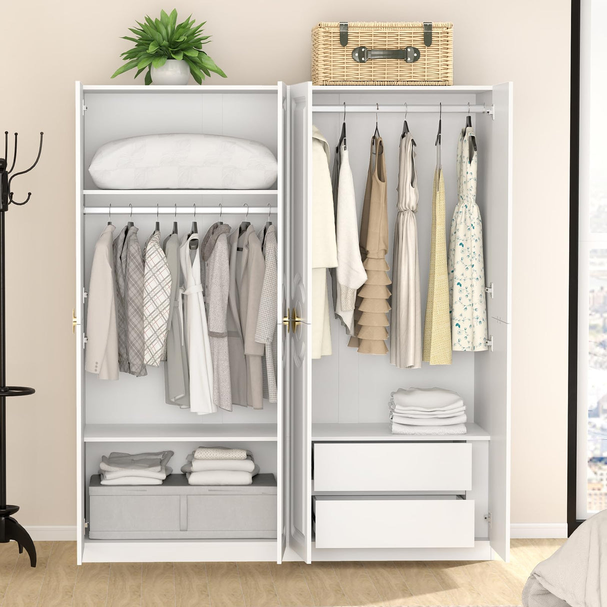 Wakefit Armoire Wardrobe Closet, 4 Doors Wooden Wardrobe Closet Cabinet, 71" Bedroom Armoires with Hanging Rod Shelf, Freestanding Wardrobe Cabinet for Bedroom, Guest Room, White Wakefit