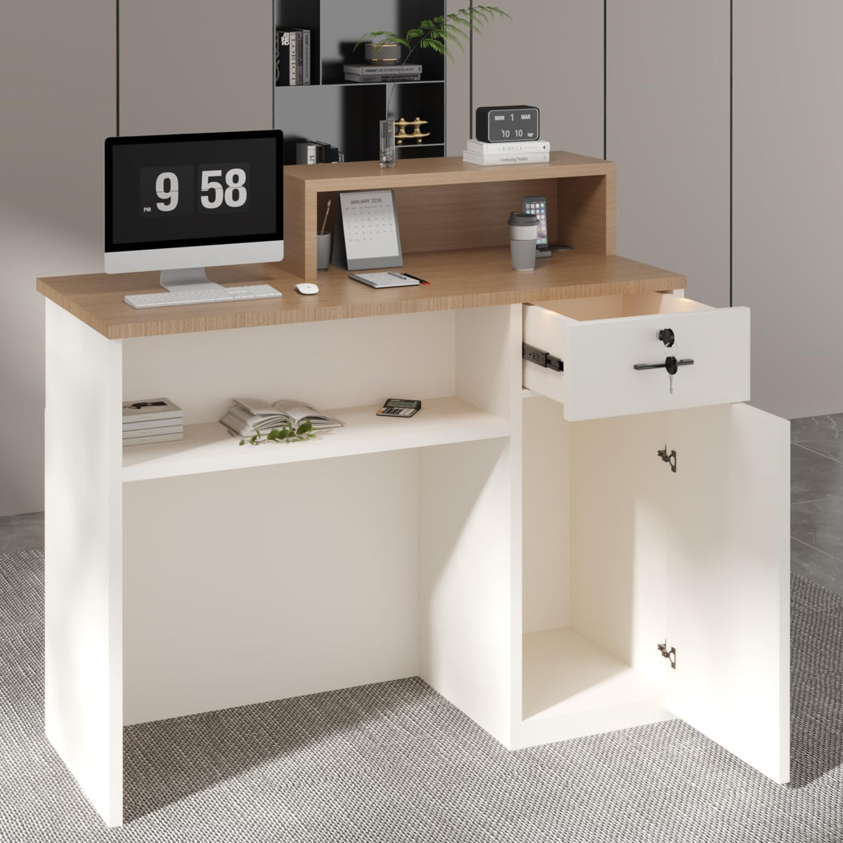 YTElantivo Reception Desk with LED Light and Locking Drawer – 47.2" Small Front Desk for Salon, Office, Retail, Lobby or Checkout Counter Use YTElantivo