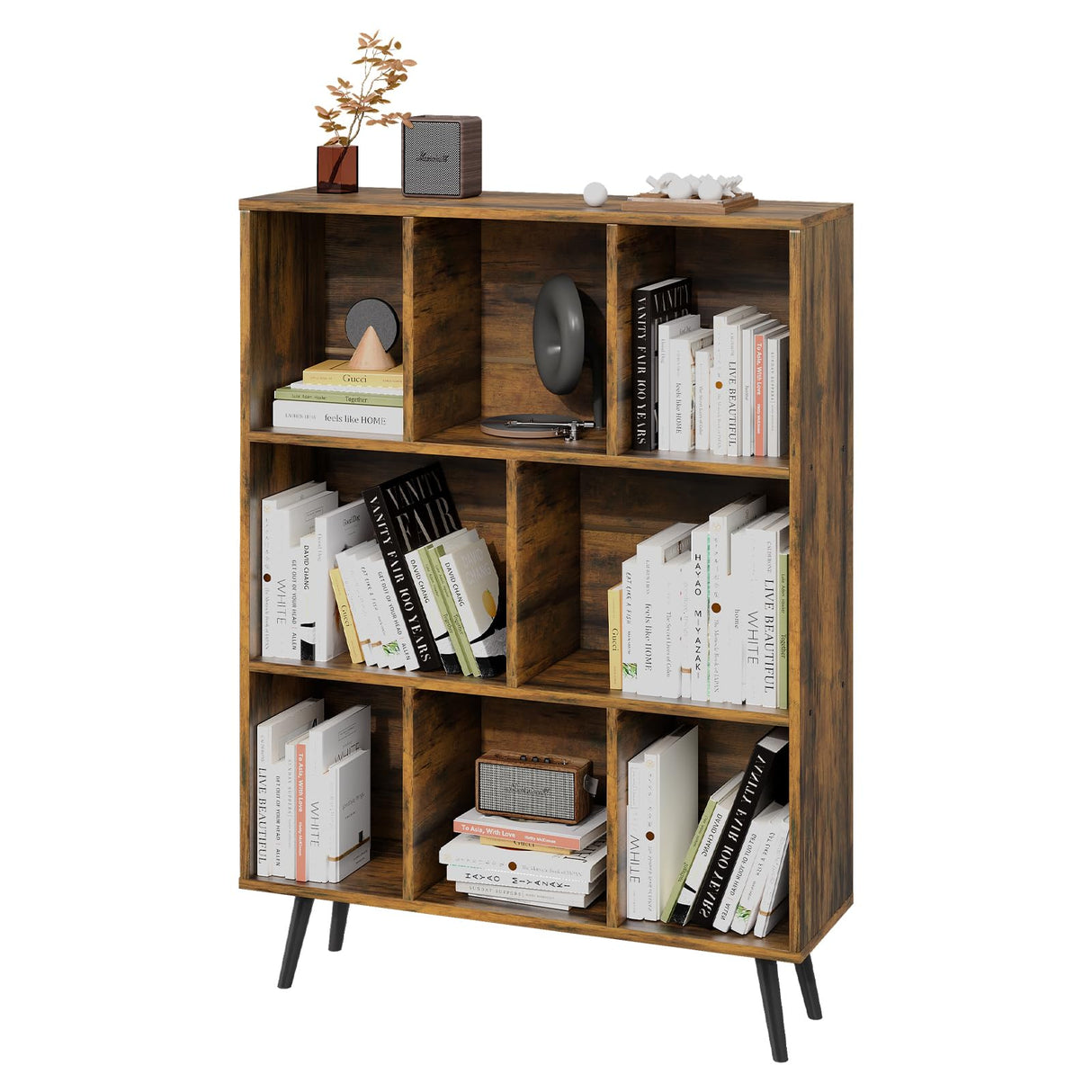 GRUSIGN 8 Cube Bookshelf 3 Tier Mid-Century Rustic Brown Modern Bookcase with Legs,Retro Wood Book Shelf Storage Organizer Shelf,Freestanding Organizer Display Shelf for Bedroom,Living Room,Office GRUSIGN