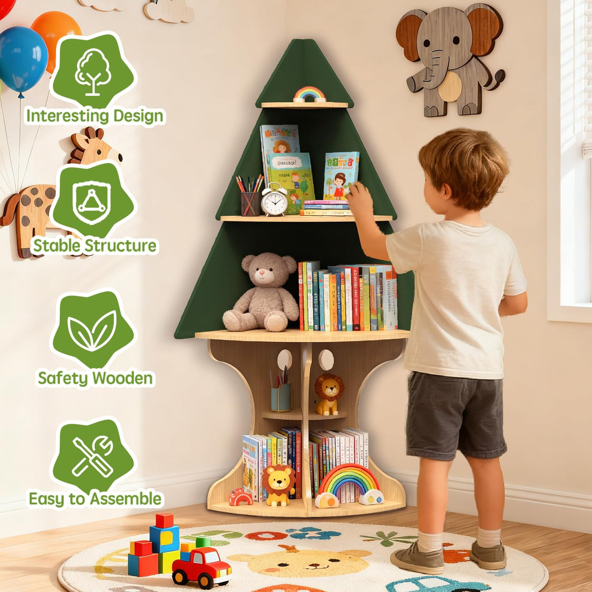 LAKNUAL Bookshelf for Kids, Children Tree-Bookshelf, Space-Saving Montessori Toddler Corner Bookcase for Nursery, Kindergarten, Kids Rooms LAKNUAL