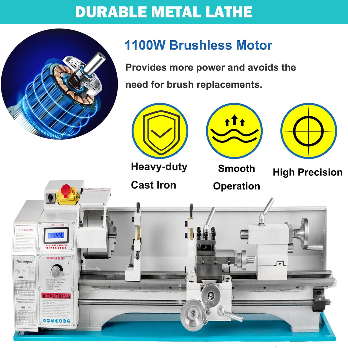 Mini Lathe Machine, 8.7"x 29.5" Mini Metal Lathe with 1100W Brushless Motor, 0-3000 RPM Variable Speed Benchtop Lathe, Mini Torno Para Metal with LED Screen, 3-Jaw Chuck SHENGJINSH