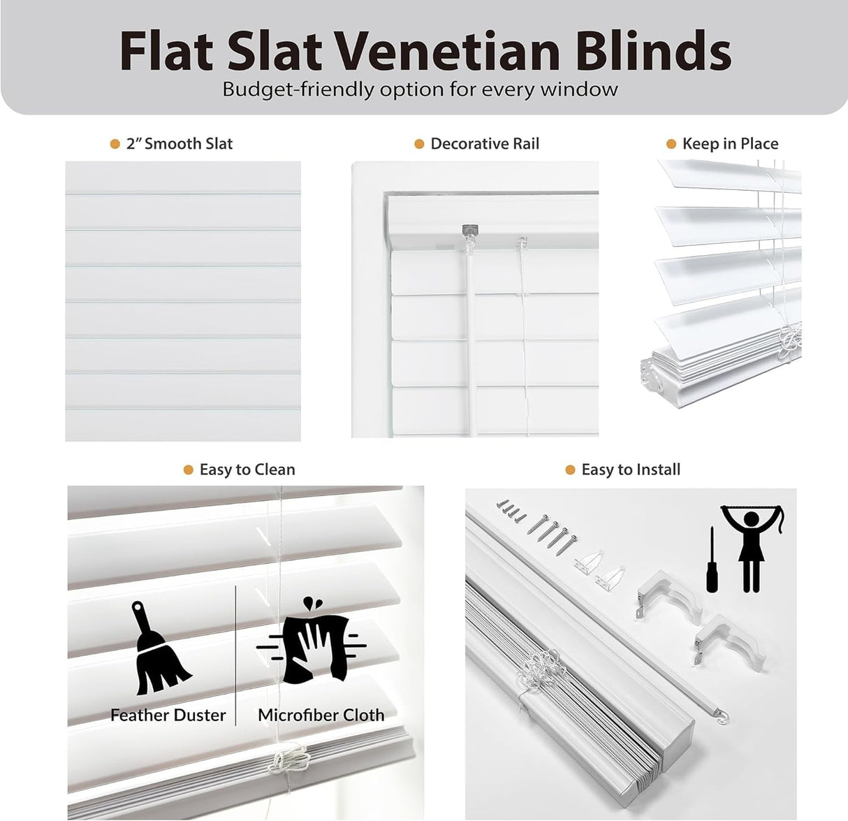 DEZ FURNISHINGS Cordless 2" Flat Slat Venetian Blind, 31" W x 60" H, White DEZ FURNISHINGS