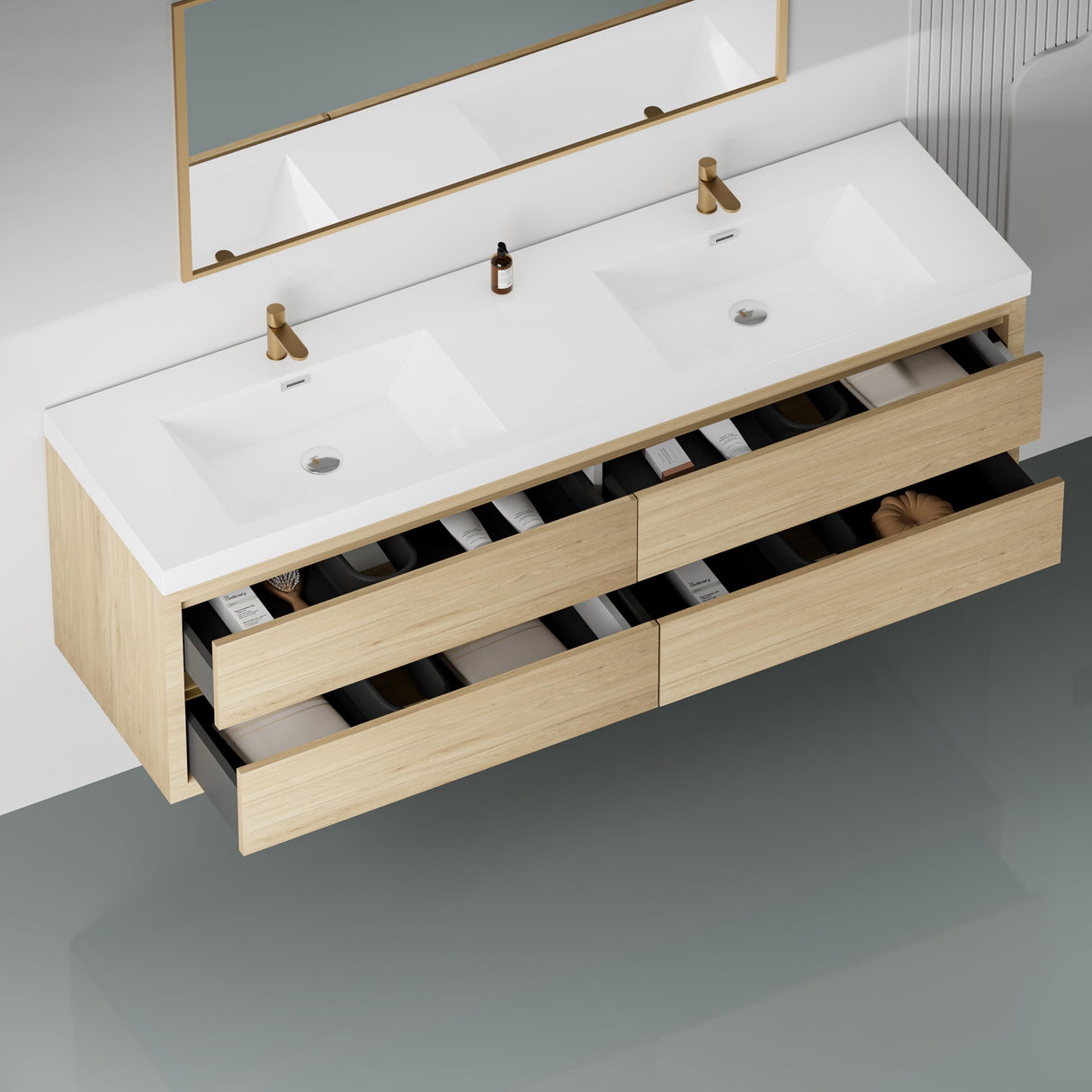 cieloshinerico 72 Inch Floating Bathroom Vanity with Double Sinks, Wall-Mounted Bathroom Storage Cabinet with Stone Resin Countertop and Soft Close Drawers, Natural Oak cieloshinerico