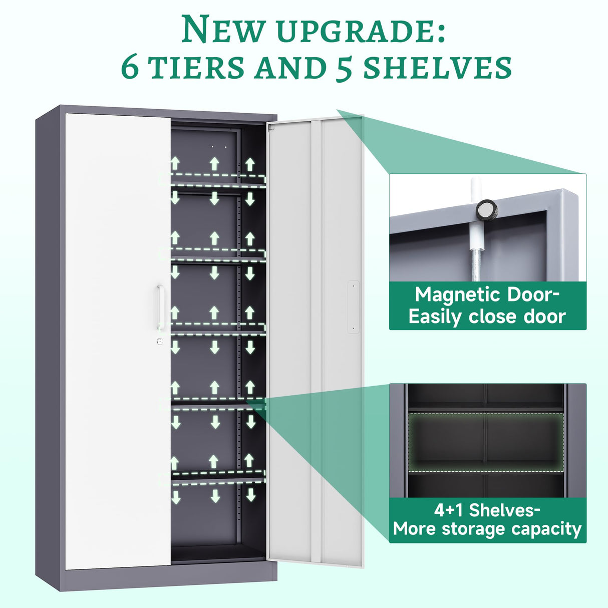 Letaya Metal Storage Cabinet with Lock Door and 5 Shelves,6 Tier Steel Garage Tool Cabinet for Home Office Utility Room 72" H X 36" W X18 D (White Gray) Letaya