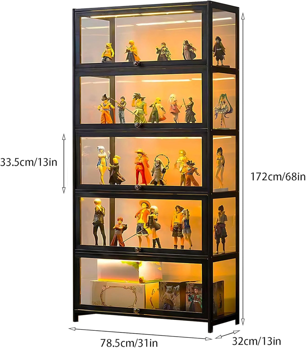 iusyugh 5-Tier Display Cabinet with Acrylic Glass Door, 65.5" High Display Case, Transparent Curio Cabinet&Bookcase for Collectibles, Toys, Books, for Playroom, Bedroom, Study Room (Black flip Door) iusyugh