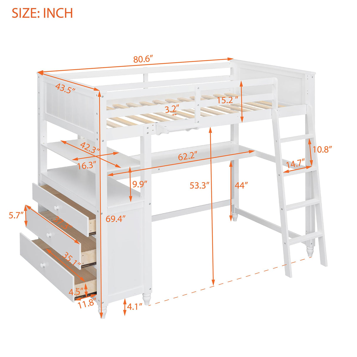 Harper & Bright Designs Twin Size Loft Bed with Desk and Dresser, Wooden Loft Bed Twin with Storage Drawers and Shelves for Kids Teens Adults, No Box Spring Needed, White Harper & Bright Designs