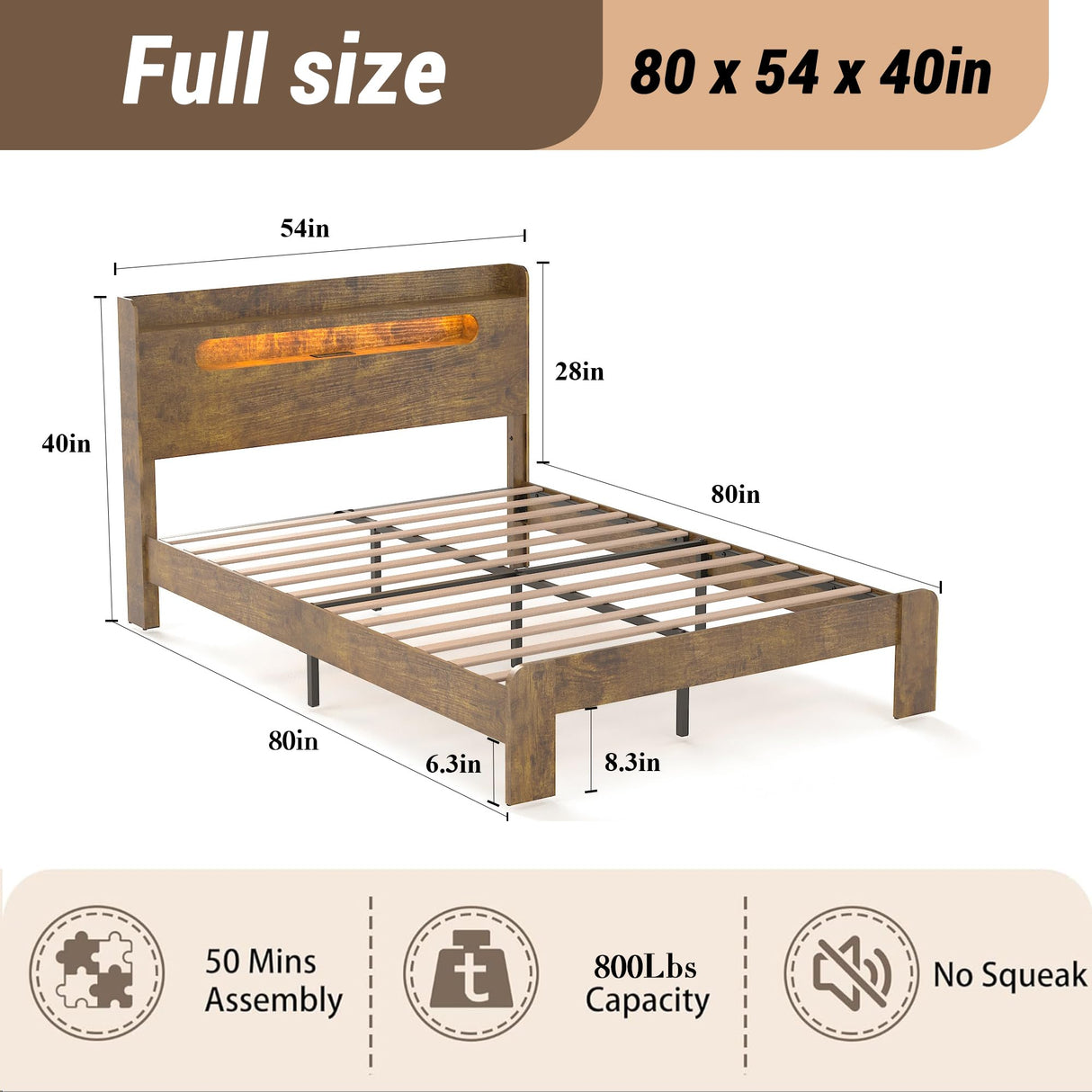 Decoholic Full Size Wooden Bed Frame, Storage Headboard with Charging Station & Led Lights, Solid and Stable, Noise Free,Rustic Farmhouse Sturdy Framework Wood Bedframe, Easy Assembly Decoholic