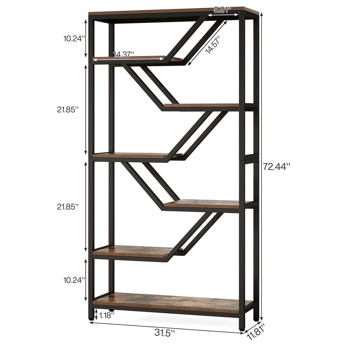 Tribesigns 6-Tier Bookshelf, 72-Inch Tall Industrial Open Storage Organizer, Freestanding Wood Display Rack with Metal Frame for Living Room, Bedroom, Home Office, Rustic Brown and Black Tribesigns