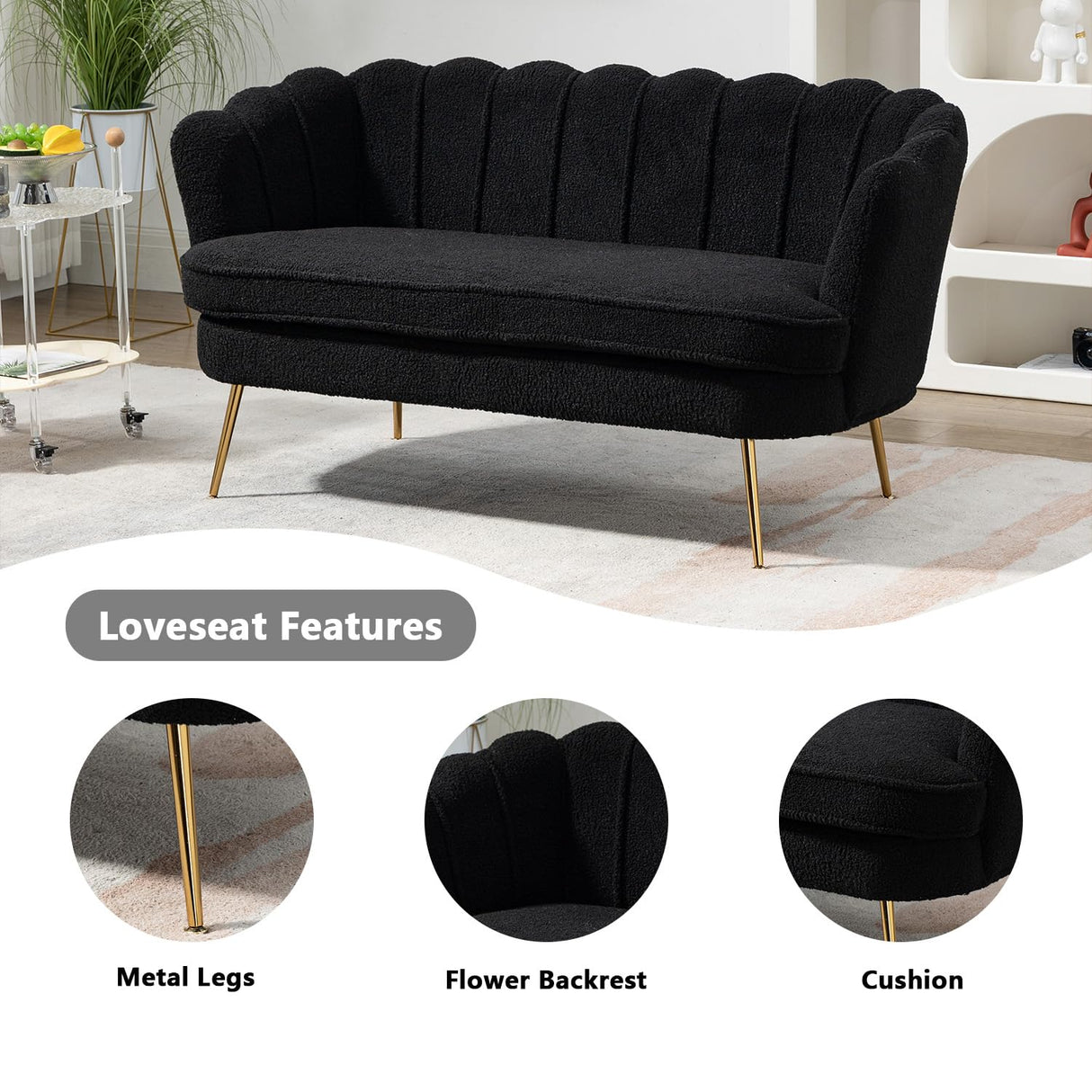 Anwick 59" Small Modern Chenille Loveseat Sofa, 2-Seater Sofa with Gold Metal Legs, Small Couch with Flower Shaped Back for Living Room Bedroom Office (Black) Anwick