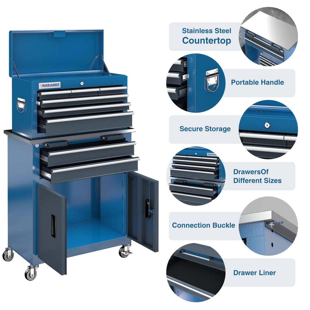 LARBANKE 8-Drawer Rolling Tool Chest with Wheels and Door,Tool Box with Sliding Drawer,Stainless Steel Countertop Tool Chest,Tool Chest can Form Large Workbench,Tool Chest for Garage Workship LARBANKE