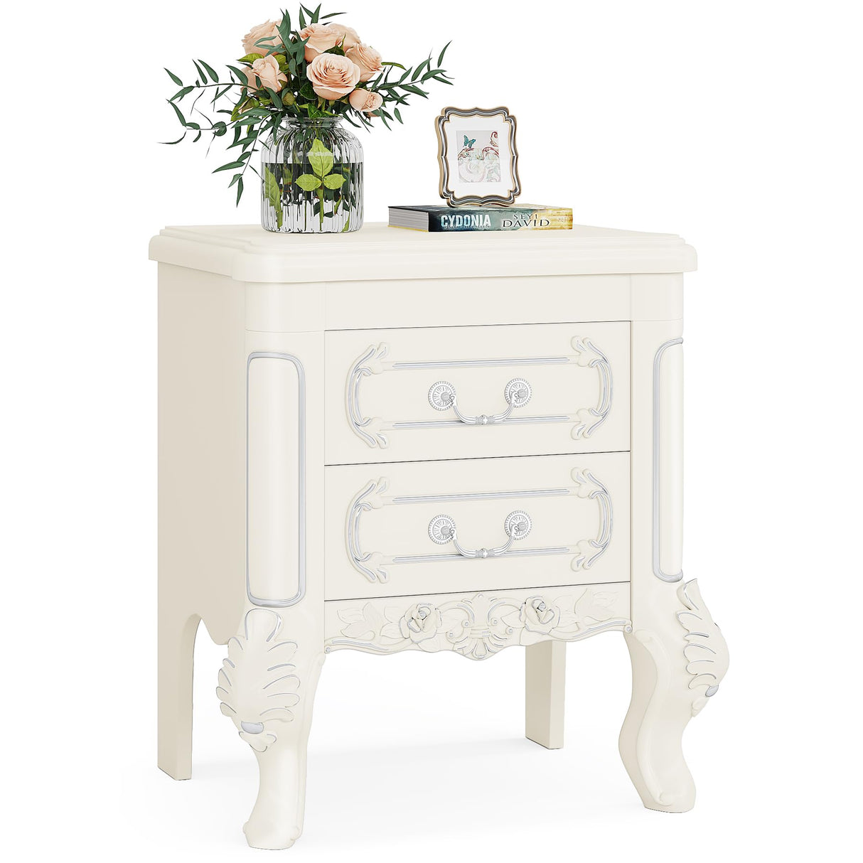 Tribesigns White Nightstand, End Table with 2 Drawers, Carved Bedside Tables, Side Table for Bedroom, Classic Bedroom Furniture, Night Stand White Tribesigns