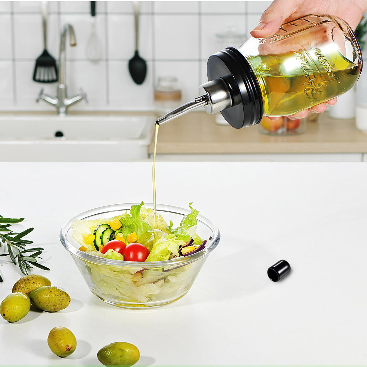 SheeChung Oil Dispenser Bottle for Kitchen, Mason Jar Glass Olive Oil Bottle, 16oz Vinegar Dispenser Set with Brush, Stainless Steel Pour Spout, Rustic Farmhouse Kitchen Decor 2 Pack SheeChung