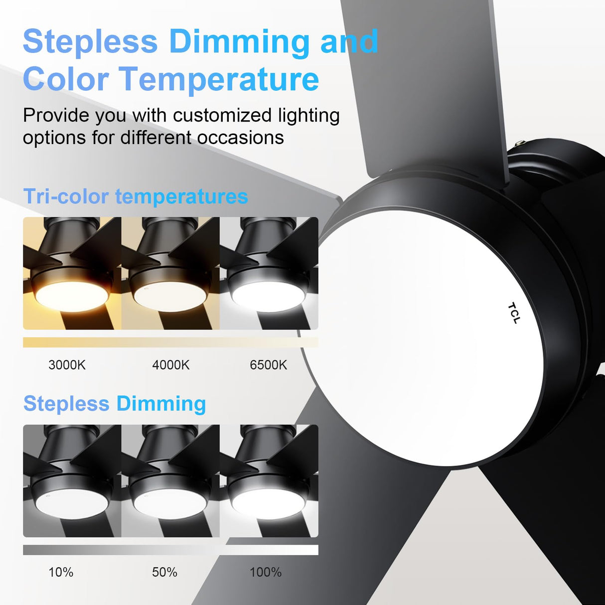 TCL 52" Ceiling Fan with Lights, Black Flush Mount Ceiling Fans, 5 Blades Low Profile Ceiling Fans, 6 Speeds DC Reversible, Dimmable, Modern Ceiling Fans for Bedroom, Living Room and Garage TCL