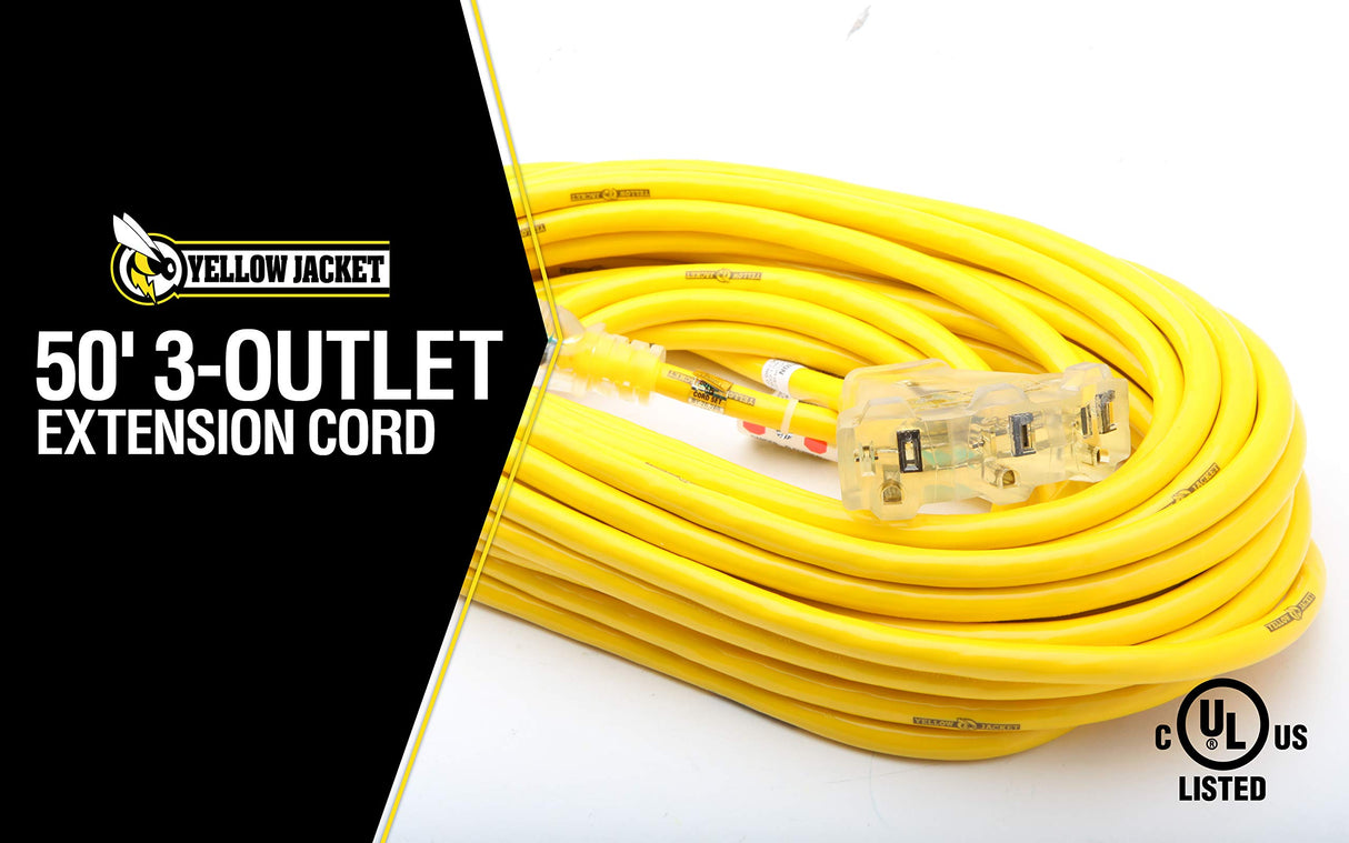 Yellow Jacket Heavy Duty Extension Cord, 50Ft, 12 Gauge, 3 Conductor, Lighted End, 3-Outlet, Weather Resistant, SJTW, Yellow, 2827 Yellow Jacket