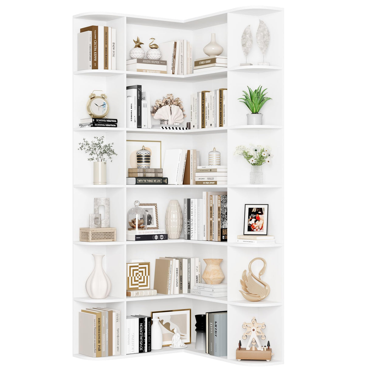 FOTOSOK 74” Tall Corner Bookshelf, 6-Tier Bookshelf and Bookcase with Open Storage, L Shaped Tall Bookcases Wooden Storage Shelves for Home Office, Thickened Boards for Better Load Bearing, White FOTOSOK