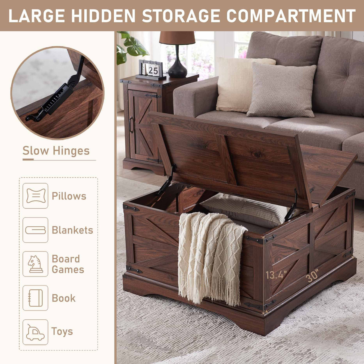 JXQTLINGMU Farmhouse Coffee Table, Square Wood Center Table with Large Hidden Storage Compartment for Living Room, Rustic Cocktail Table with Hinged Lift Top for Home, Brown JXQTLINGMU