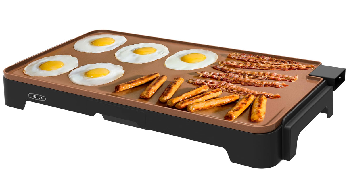 BELLA XL Electric Ceramic Titanium Griddle, Make 15 Eggs At Once, Healthy-Eco Non-stick Coating, Hassle-Free Clean Up, Large Submersible Cooking Surface, 12" x 22", Copper/Black BELLA