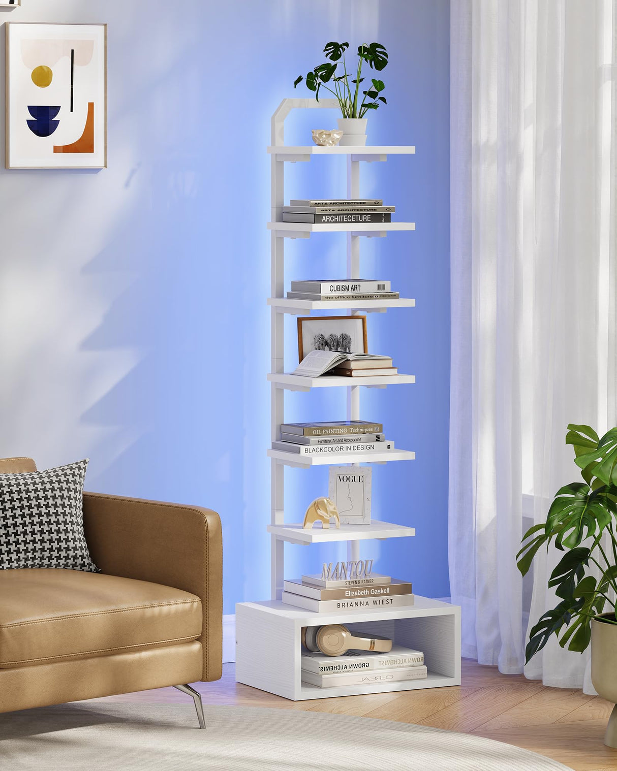 CHOEZON 8-Tier Bookshelf, LED Bookcase with Semi-Open Bottom, Small Space Standing Shelf with Lights, Corner Storage Stand, for Living Room, Home Office, Bedroom, White TSJ08DWB CHOEZON