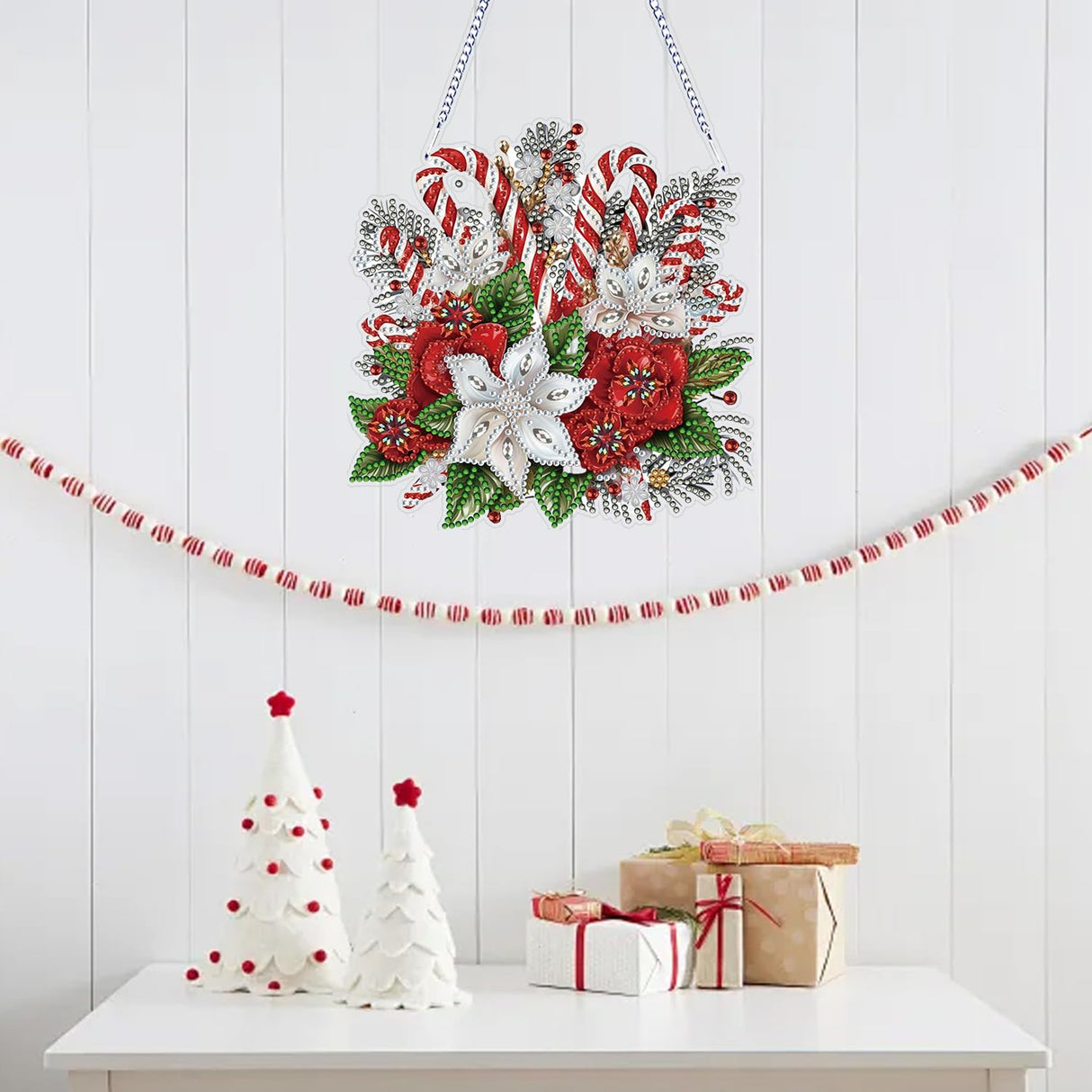 Christmas Diamond Art Hanging Kits for Adults, Special Shaped Diamond Painting,Double Sided 5D DIY Acrylic Diamond Art Painting Window Pendants Home Garden Wall Hanging Kits Cane candy wreath Ornament RYMILIE