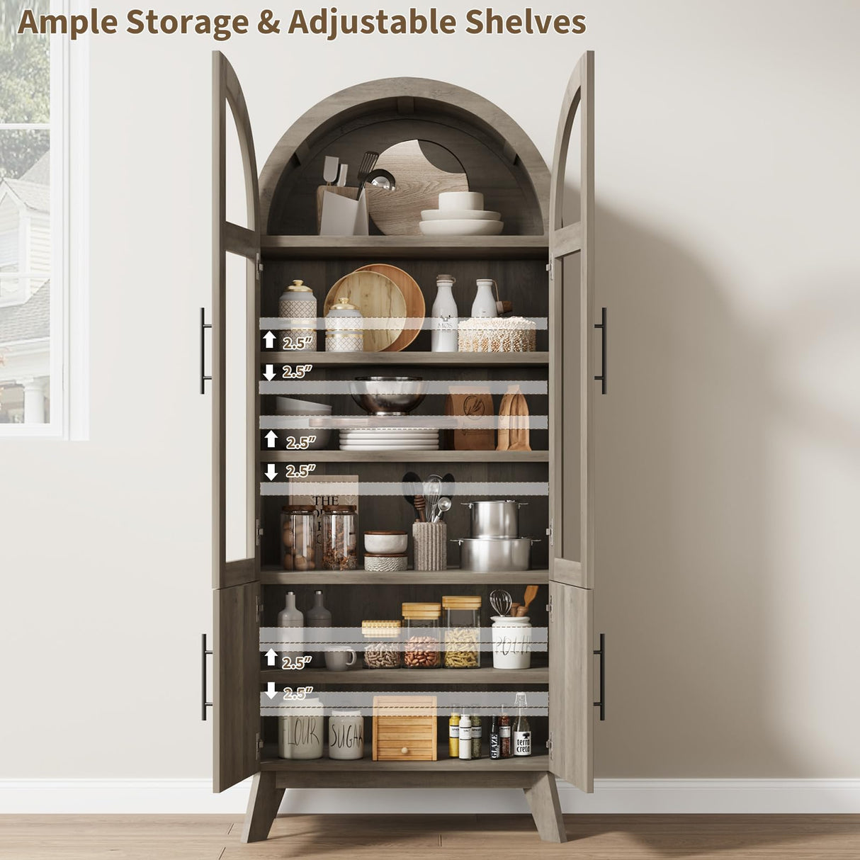 RNLRNL 71" Modern Fluted Display Cabinet with Glass Door, Arched Curio Cabinet with Adjustable Shelf, Bookcase for Collectibles Books, Storage Cabinet for Living Room, Dining Room, Grey RNLRNL