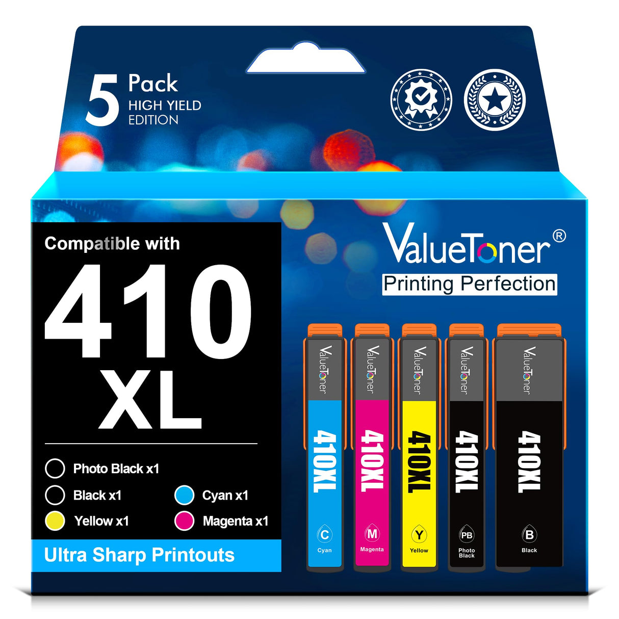Valuetoner Remanufactured Ink Cartridge Replacement for Epson 410XL Ink Cartridges 5 Pack 410 T410XL for Expression XP-7100 XP-530 XP-630 XP640 XP-830 XP635 (Black, Cyan, Magenta, Yellow, Photo Black) Valuetoner