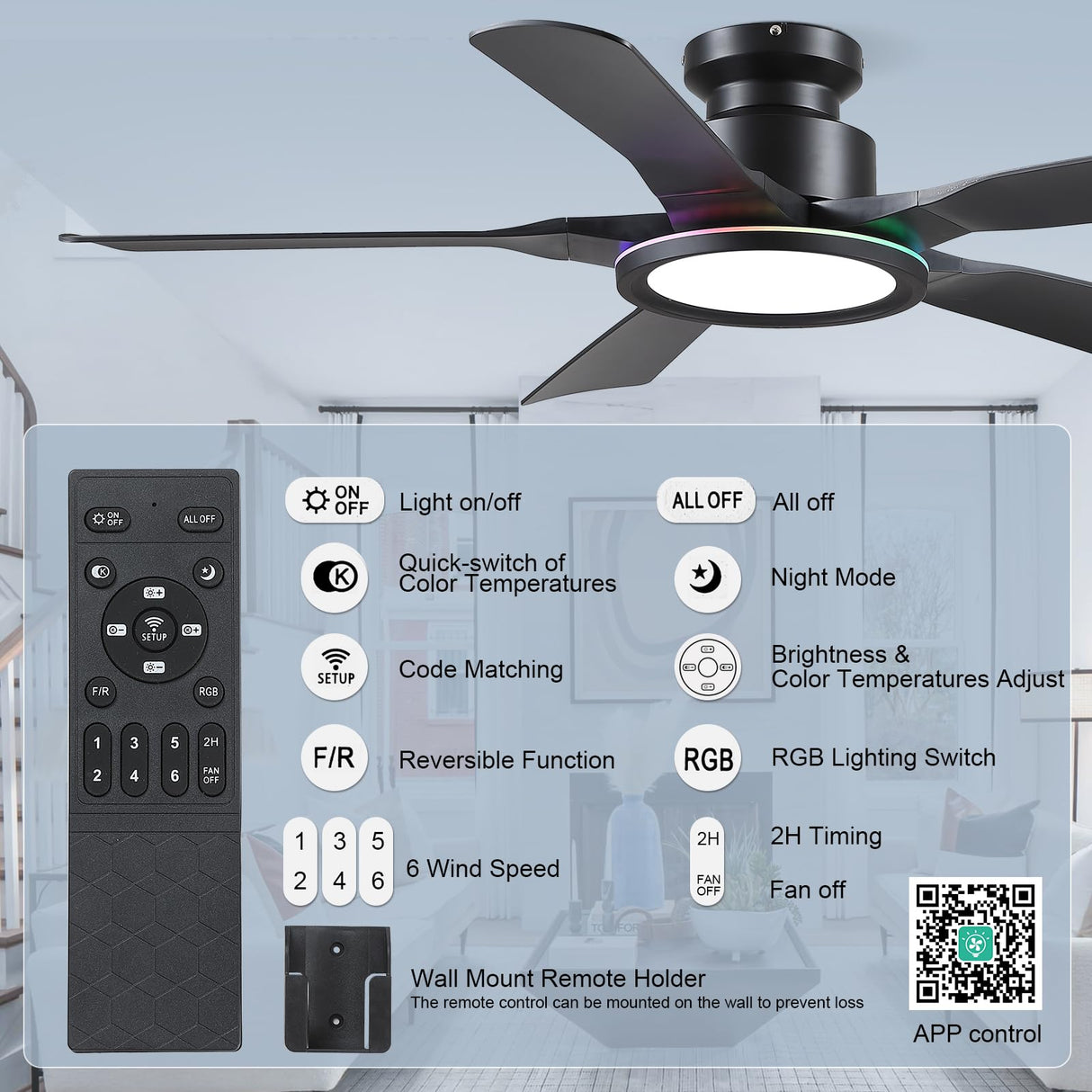 Ceiling Fans with Lights and Remote/APP Control, 52" Low Profile Flush Mount Ceiling Fan with RGB Ring Light & Dimmable, 5 Reversible Curved Blades 3 CCT 6 Speeds for Bedroom Living Room Party, Black Wiviniya