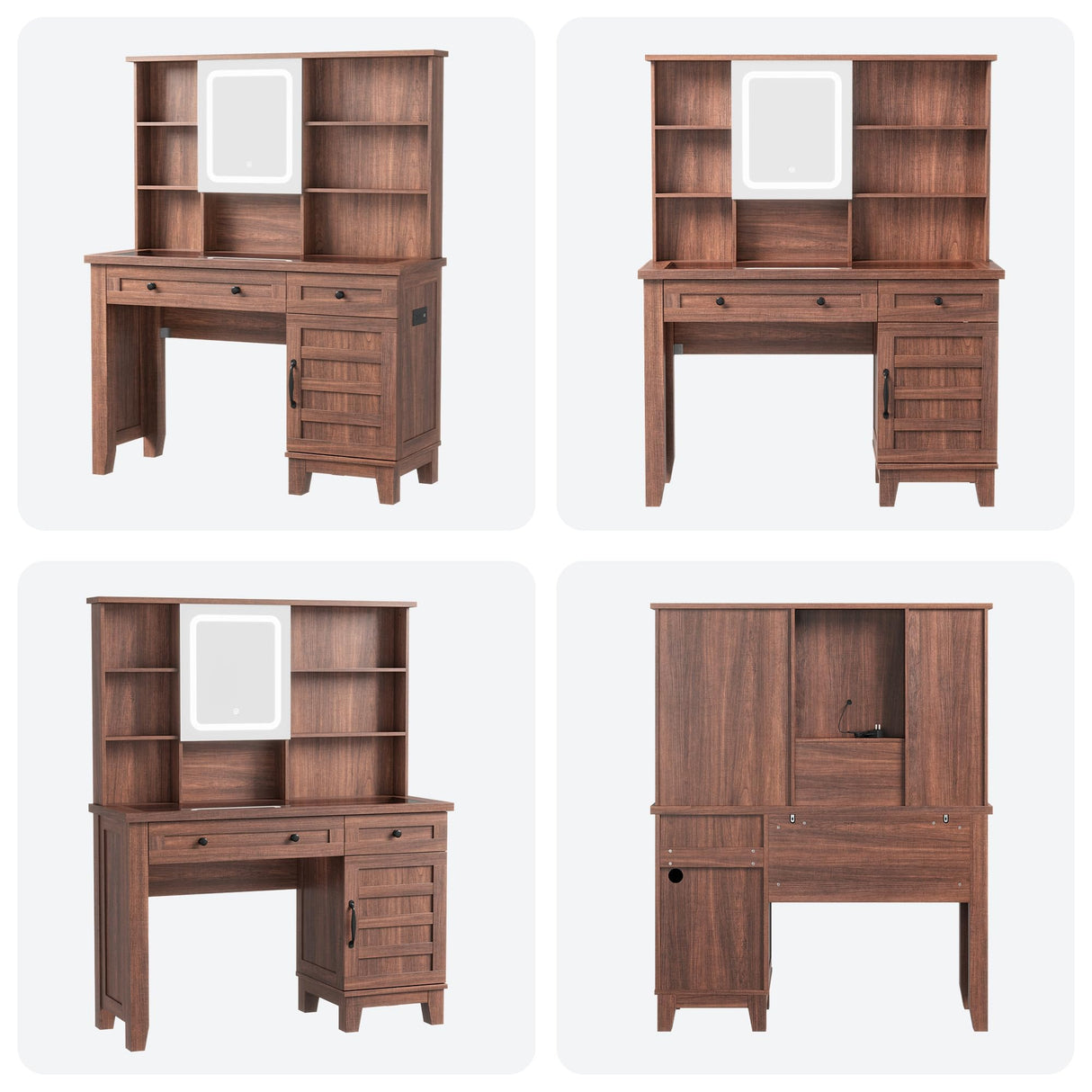 Vanity Desk with HD Mirror, LED Lights and Charging Station, Farmhouse Makeup Table with 2 Drawers and Cushioned Stool Dressing Table Shelves and Side Organizer for Bedroom Dressing Room, Brown GarveeHome