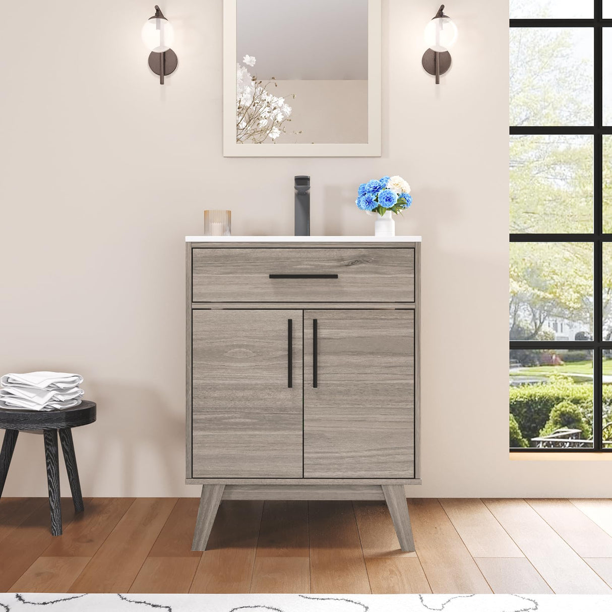 AMERLIFE 24.5" Bathroom Vanity with Sink Combo, Mid-Century Modern Small Single Bathroom Cabinet Set, Integrated Sink, Soft Closing Doors with Metal Handles, Bath Vanity Grey AMERLIFE