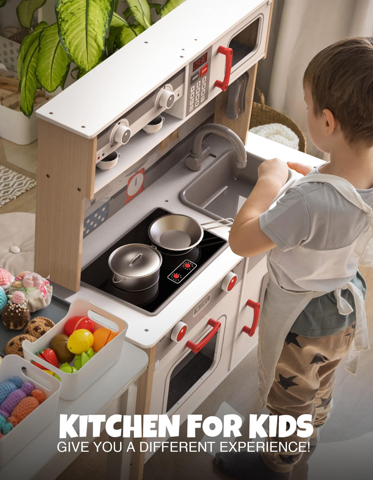 JOYOOSS Kids Play Kitchen Playset, Wooden Play Kitchen Kids Kitchen Playset Toy Toddler Kitchen Playset with Real Lights & Sounds, Play kitchen for toddlers 1-3 and Play Kitchen Sets for Kids Ages 4-8 Joyooss