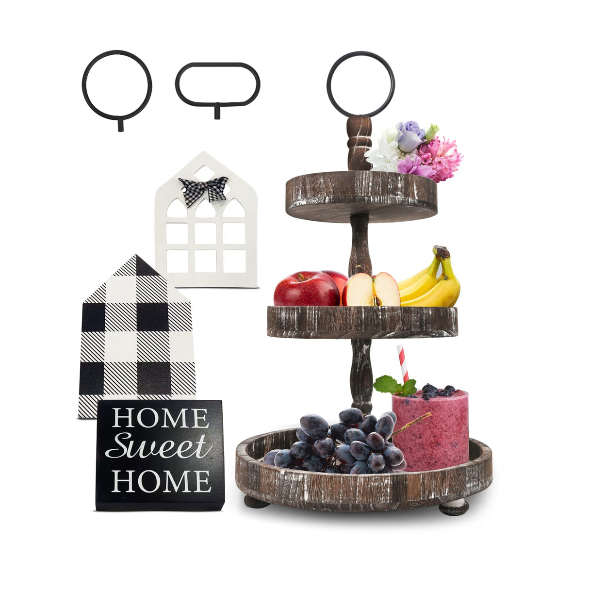 AONEHOME Adjustable 3 Tiered Tray Stand with 3 pcs Farmhouse Decor for Party AONEHOME