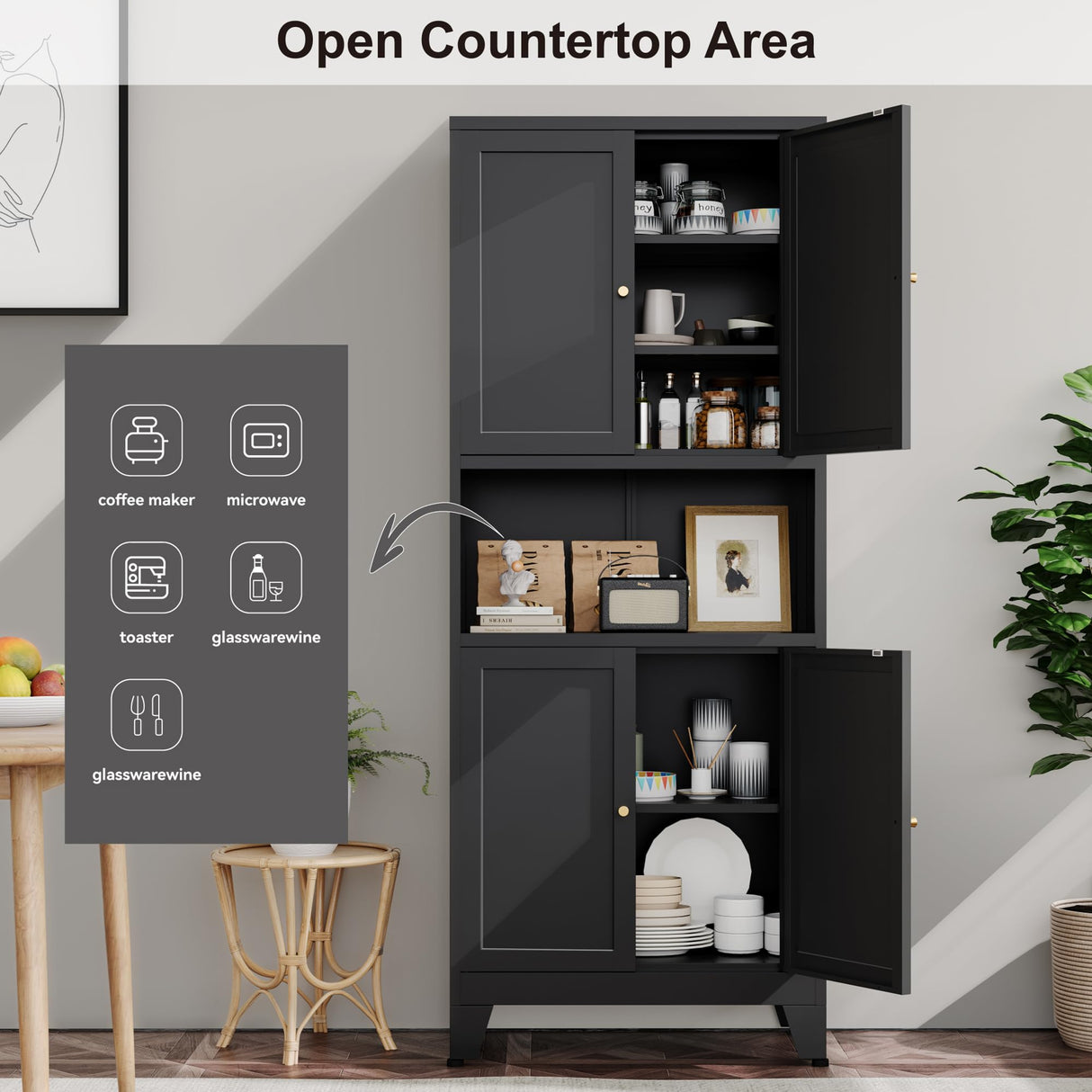 YAUWOH 69''Metal Pantry Storage Cabinet with 4 Doors & 3 Adjustable Shelves,Kitchen Pantry Cabinet with Microwave Shelf,Microwave Stand with Storage for Kicthen,Dining Room,Bathroom Black YAUWOH