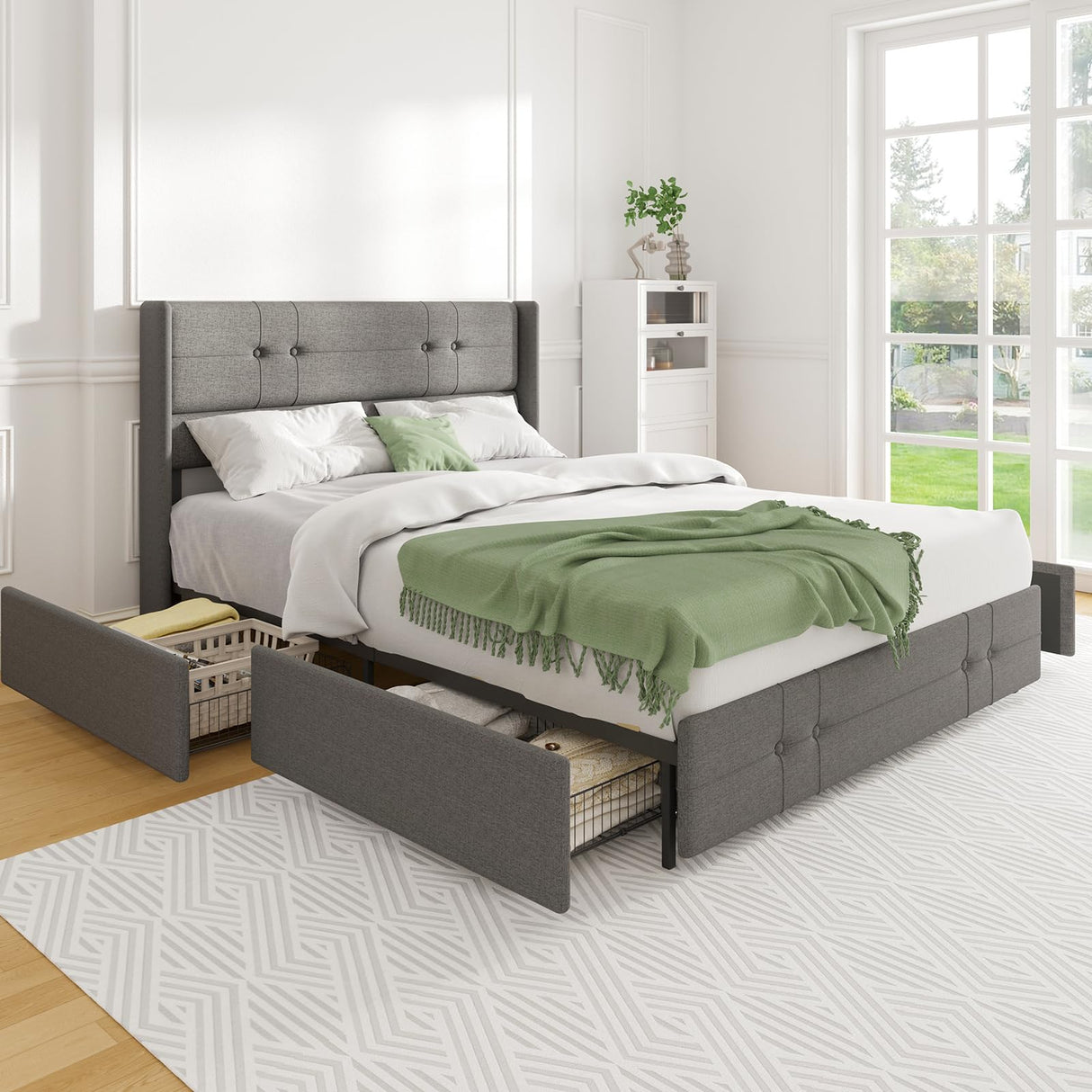 Novilla Upholstered King Size Bed Frame Platform with 4 Storage Drawers and Fabric Headboard, Non-Slip and Noise-Free King Bed Frame, Strong Wooden Slats, No Box Spring Needed, Grey Novilla