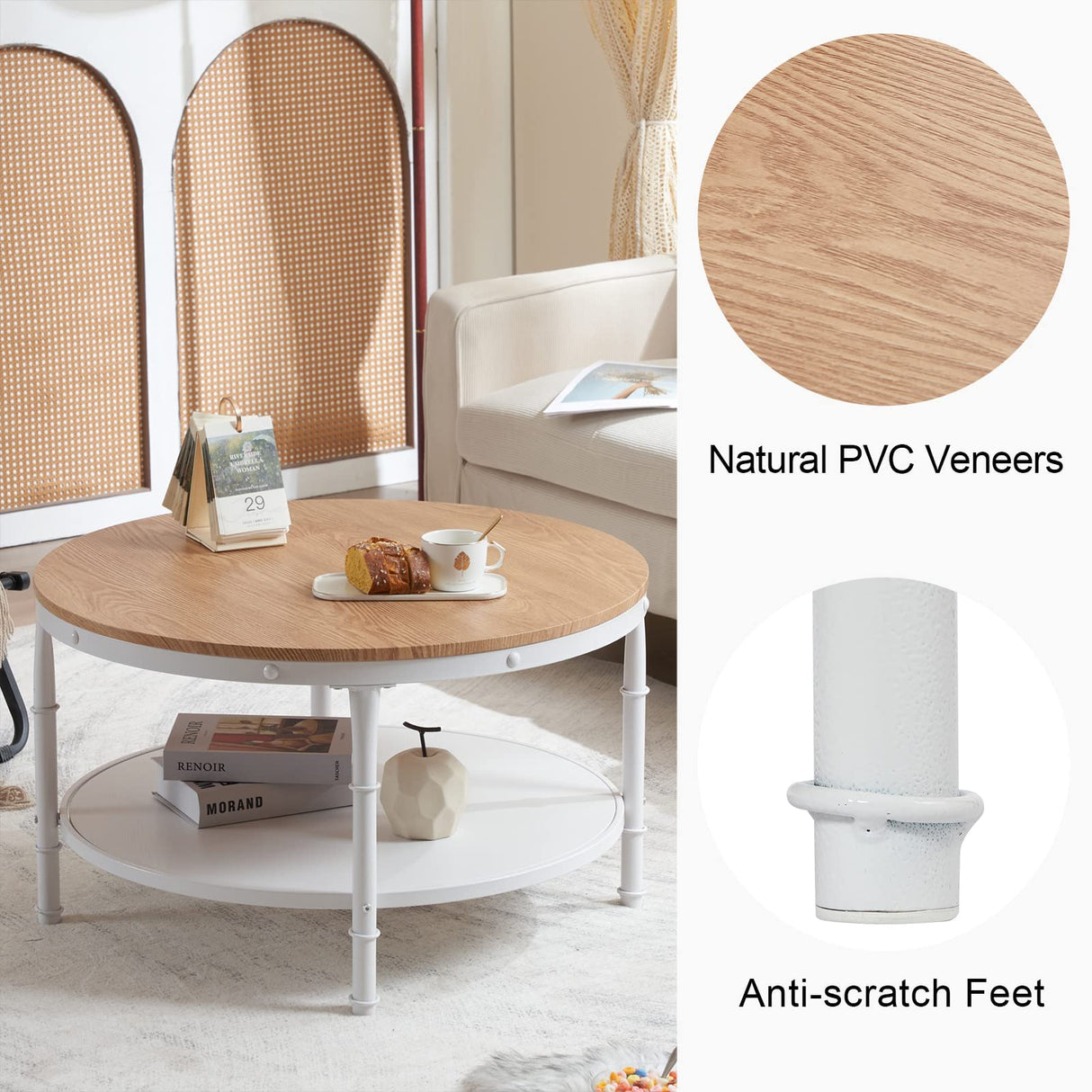 VINGLI 31.5" Natural White Round Farmhouse Coffee Table, 2-Tier Storage Wood Center Circle Accent Table for Living Room, Bedroom, Apartment, Studio and Small Spaces, Sturdy Metal Frame, Natural Color VINGLI