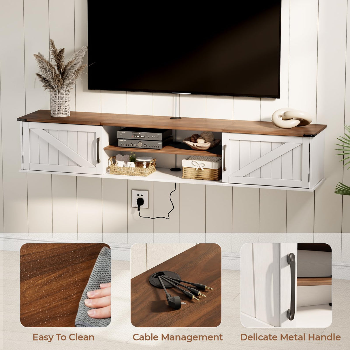 Floating TV Stand with Doors, 63'' Farmhouse Floating TV Shelf for TVs up to 80 Inch, 2 Tier Wall Mounted TV Stand, Floating Entertainment Center, TV Floating Cabinet for Living Room, Bedroom, White ALLSTAND